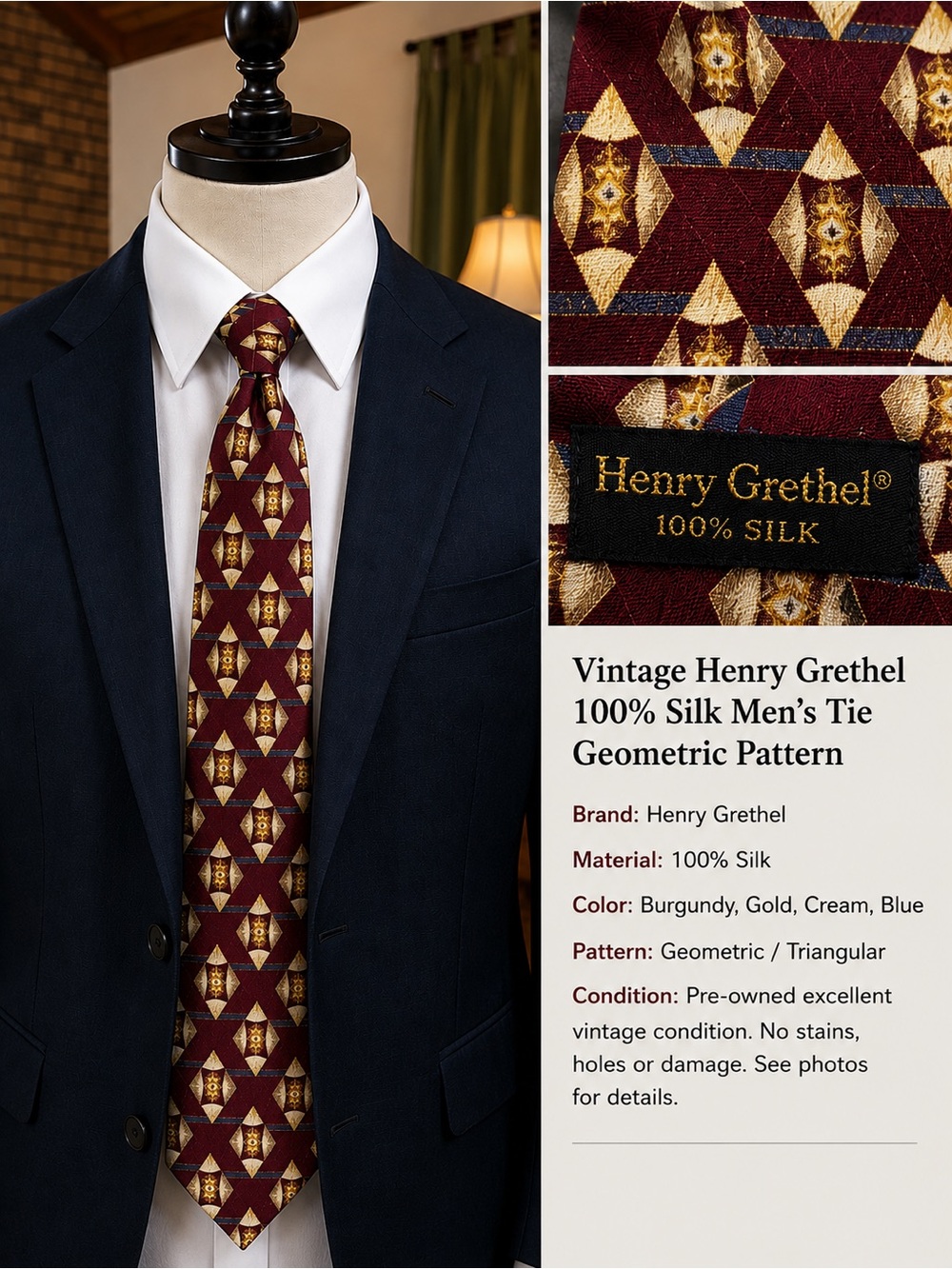 Henry Grethel Burgundy Geometric Silk Tie